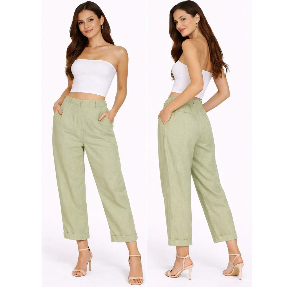 Harvé Benard Linen Pants Green Relaxed Straight Leg Old Money Women Size 12